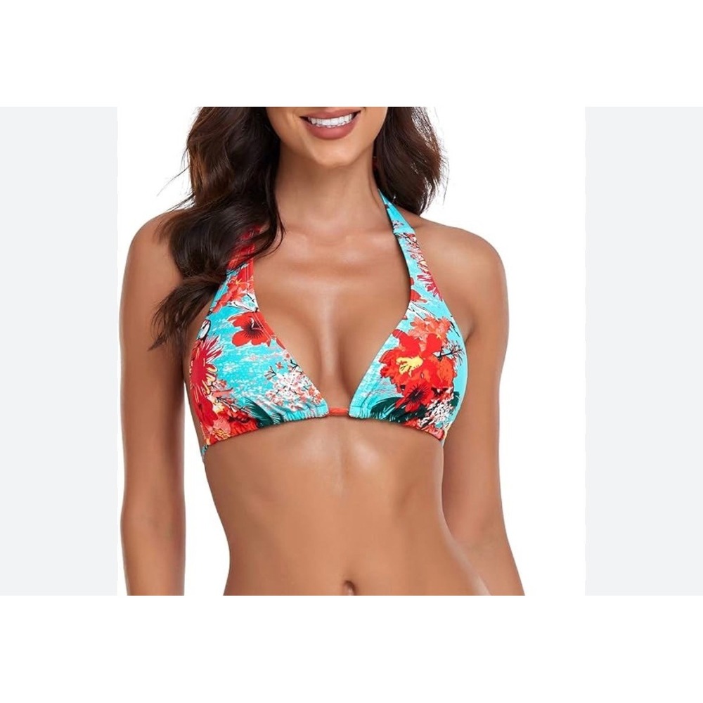 RELLECIGA Bikini Top Womens XL Blue Floral New Tropical Halter Lettuce Edge